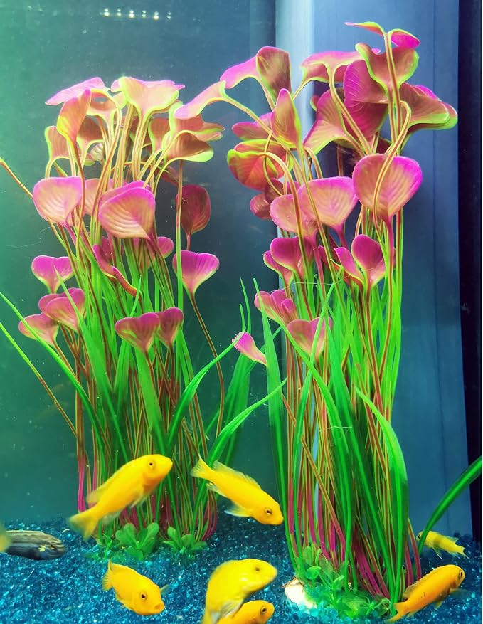 Fish Tank Decorations Aquarium Plastic Plants Large | Artificial Plants Decoration Ornament Safe for All Fish-16 inch 2Pcs (Red 2 Pcs)