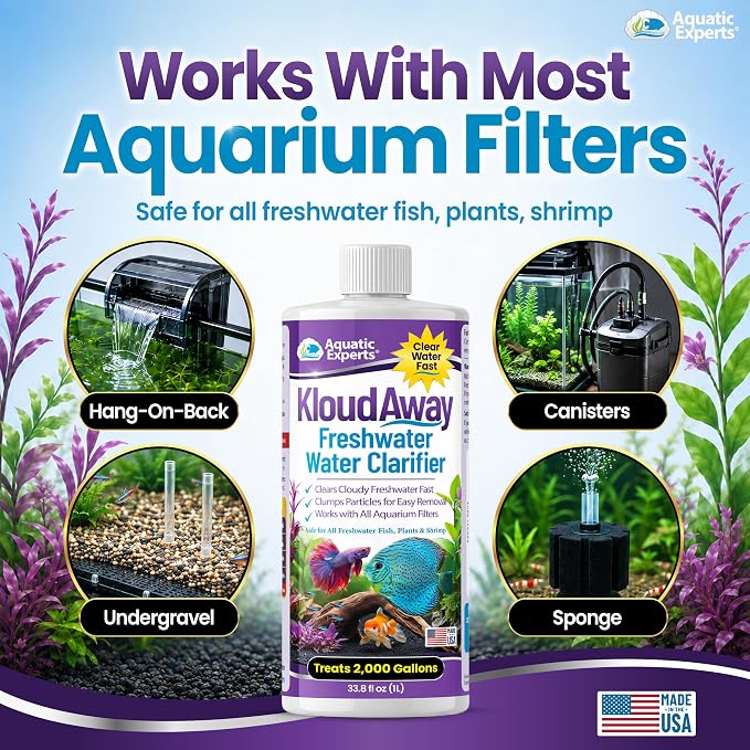 KloudAway Aquarium Water Clarifier – Clears Cloudy Water in Freshwater Fish Tanks, 1 Liter, Made in USA, Aquatic Experts