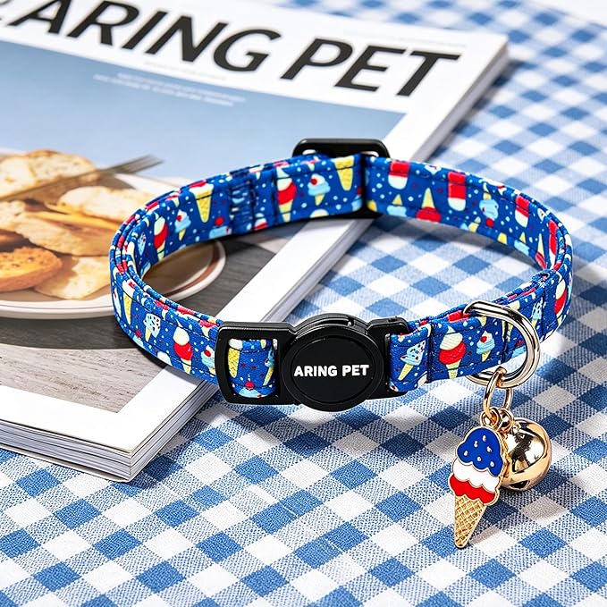 ARING PET 2 Pack Cat Collars with Bell, Cute Soft Cotton Kitten Kitty Breakaway Summer Cat Collars for Boy Girl Cats-Blue Shark & Ice Cream