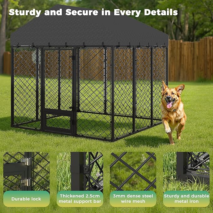 6x6x5.8 FT Heavy Duty Dog Kennel Outdoor with Water-Resistant Roof, Anti-Rust Metal Enclosure for All Weather Resistant, Secure Double Locks for Large Dogs Backyard