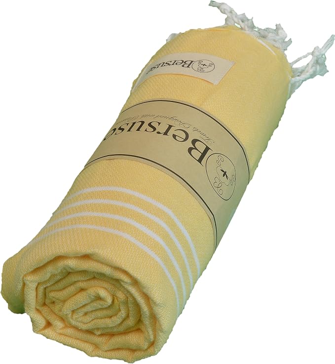 Bersuse Towels Anatolia XL Beach Blanket Throw Blanket Turkish Towel 100% Cotton Extra-Large Quick-Dry Lightweight Premium Peshtemal Towel - 61x82 Inches, Yellow