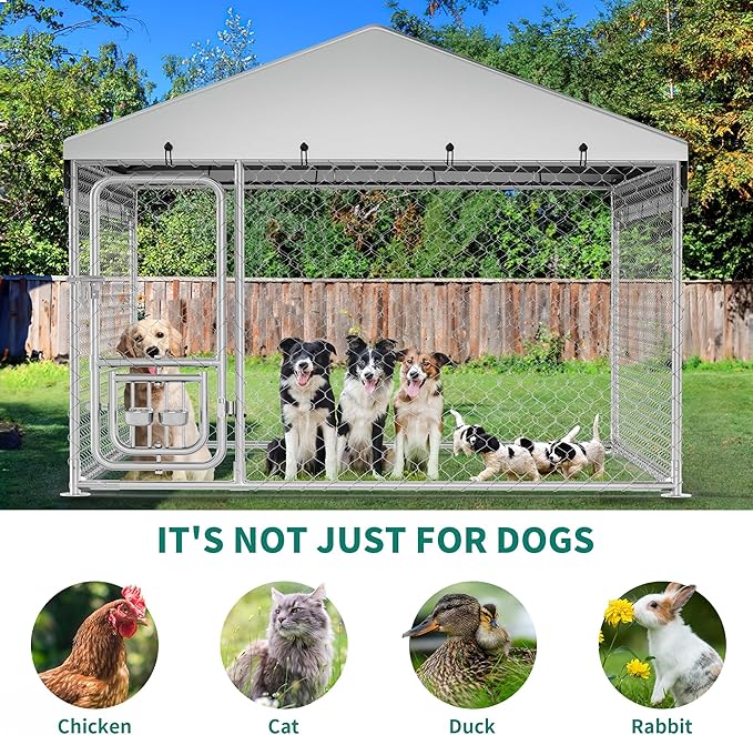 YITAHOME Outdoor Dog Kennel with Rotating Feeder Bowls, 7.5'x7.5' Outdoor Dog Enclosure with Roof, Heavy Duty Dog Cage for Medium Large Dogs