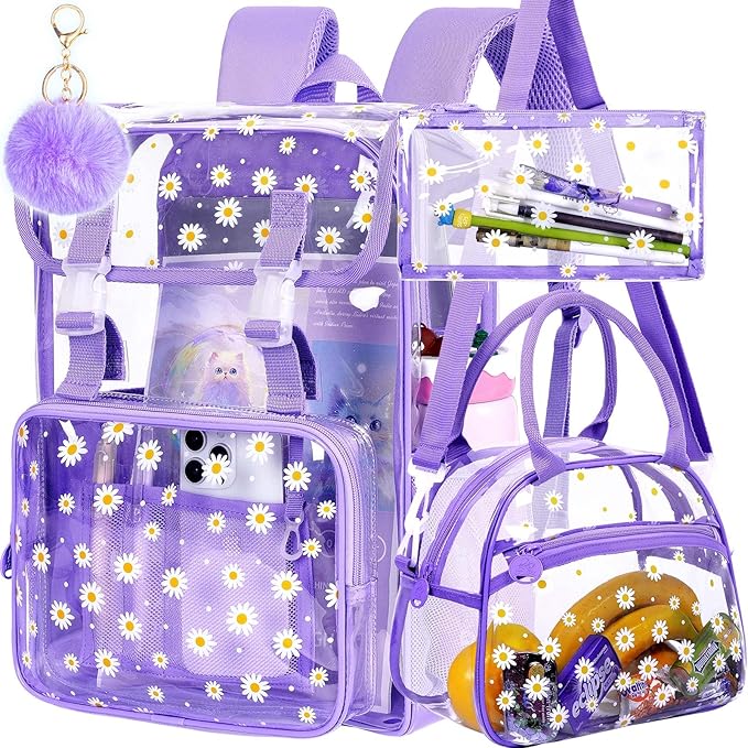 17" Daisy Clear Backpack for Girls - Flip Design Stadium Approved 3Pcs Set, Transparent Bookbag for Concert/School (Purple)