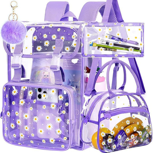 17" Daisy Clear Backpack for Girls - Flip Design Stadium Approved 3Pcs Set, Transparent Bookbag for Concert/School (Purple)