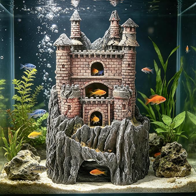 Teaeeno Age-of-Magic Wizard’s Castle Aquarium Décor-Resin for Freshwater and Saltwater Fish Tanks-Large House Ornament Kit -Gnome Fish Tank Decor Aquarium Decor-Charming Mermaid Decor Statue (Yellow)