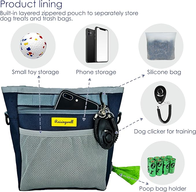 Raisingwell Dog Treat Pouch with Magnetic Closure 4-Cup Silicone Bag Fanny Pack Holder with Clicker 4 Ways to Wear Front Pocket Fits All Phones Ideal for Leash, Pet Walking and Training（Blue）