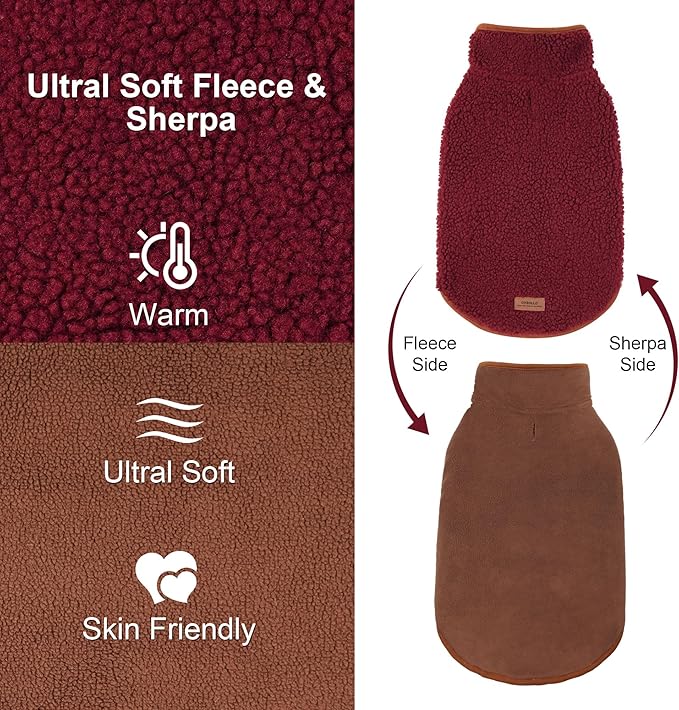 cyeollo Warm Dog Coat Fleece Sherpa Winter Sweater Coats, Turtleneck Dog Jacket Vest for Small Medium Large Dogs with Leash Hole, Soft Reversible Pet Coats for Cold Weather, Burgundy, XL