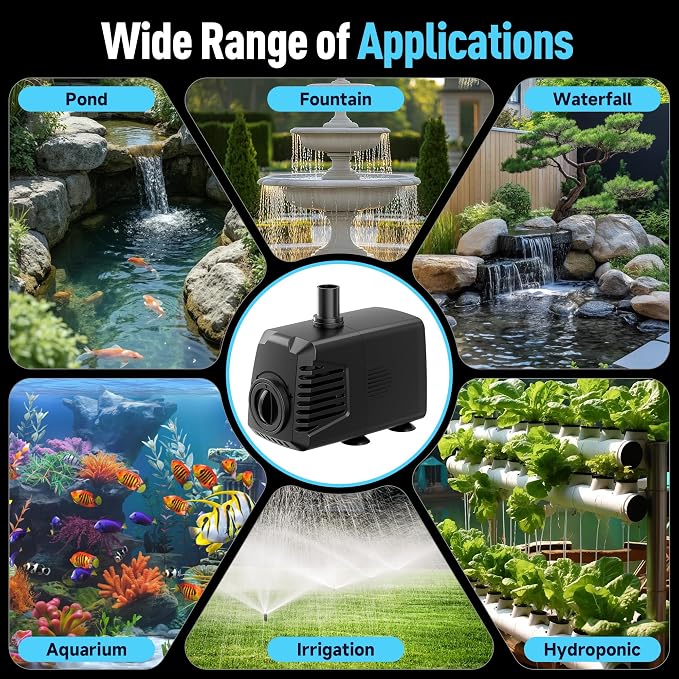 400GPH Submersible Water Pump, Water Fountain (1500L/H, 24W) with 6.6FT High Lift Adjustable & 2 Nozzles & 9.8FT Cord, Ultra Quiet Aquarium Pump for Pond Fountain Waterfall Hydroponics-Q103