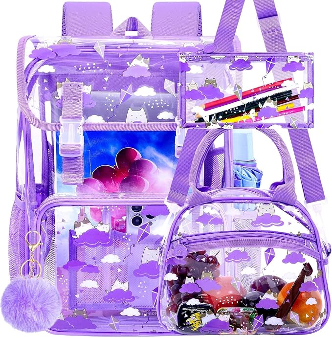17" Cat Clear Backpack for Girls - 3Pcs Flip Design Stadium Approved Set, Campus/School Transparent Bookbag (Purple)