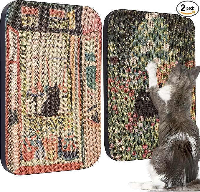 2 Pack Art Cat Scratcher, Wall-Mountable Cat Scratch Pad, Wall Cat Scratcher 16.7x11x1 Inch Cat Scratching Board for Indoor Cats Toy(Window & Garden)