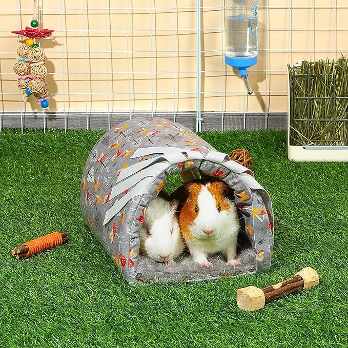 Glittme Guinea Pig Hideout with Curtain and Tunnel - Soft Bed with Cushion - Suitable for Guinea Pig, Hamster, Chinchilla, Bunny - Grey Mushrooms