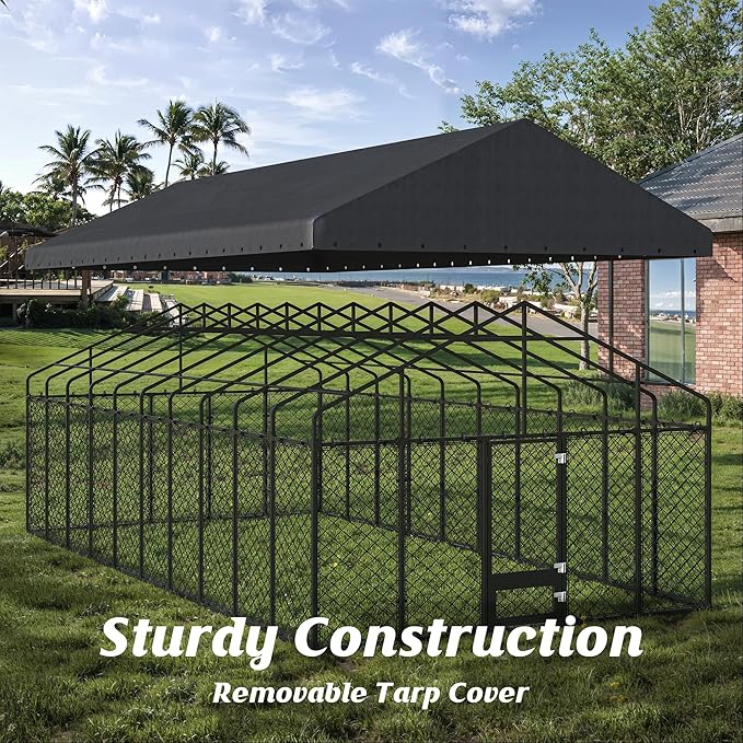 10x20FT Outdoor Dog Kennel with Roof, Extra Large Heavy Duty Metal Dog Enclosure for Multiple Dogs, Secure Playpen with Lockable Gate & Feeding Door, Weather-Resistant Fence Run