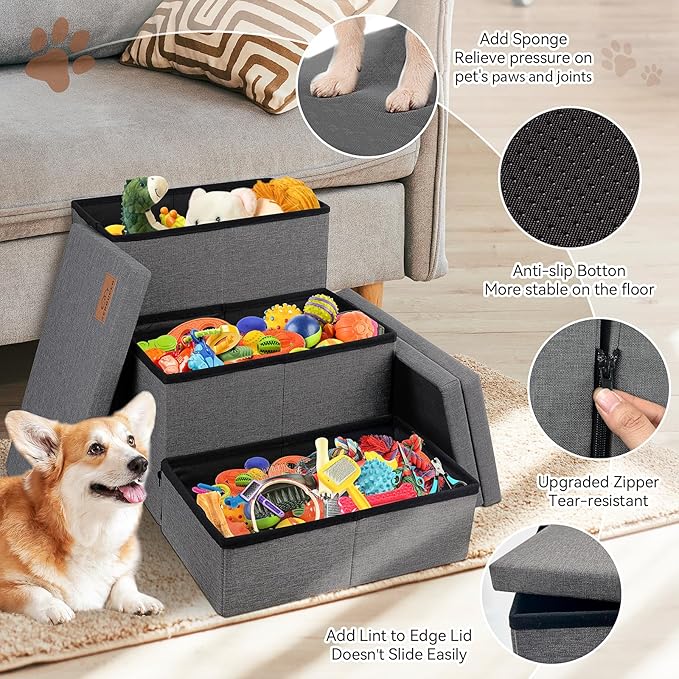Zerbuger Dog Stairs with Storage 18" H, 3-Step Wider Dog Steps for Small/Medium/Large Old Dogs Cats, Folding Sturdy Pet Stairs Climbing Bed Couch, Ramp for Car Hold Up to 200 lbs (Dark Grey, No Condo)