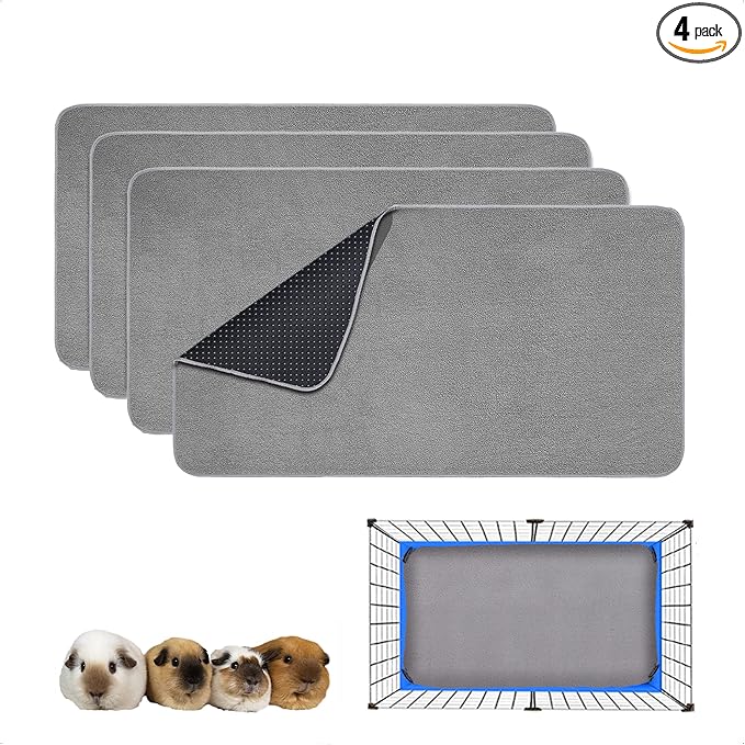 Guinea Pig Cage Liner, 4 Pack - Washable, Reusable, Leakproof Fleece Bedding Pads for Small Animals with Anti-Slip Bottom - for 15''X29'' Area, Gray