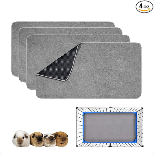 Guinea Pig Cage Liner, 4 Pack - Washable, Reusable, Leakproof Fleece Bedding Pads for Small Animals with Anti-Slip Bottom - for 15''X29'' Area, Gray