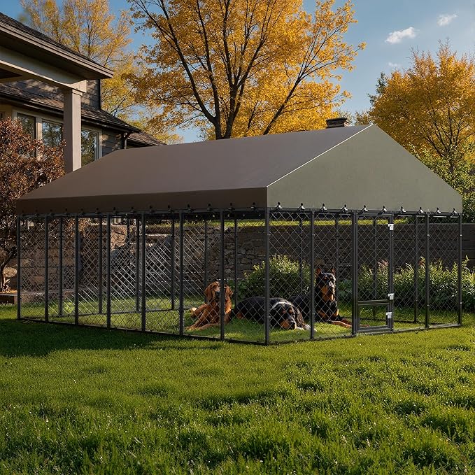 10x14FT Heavy Duty Outdoor Dog Kennel with Roof, Large Metal Dog Enclosure for Big Dogs, Weatherproof Fence Playpen with Double Lock Gate & Feeding Door
