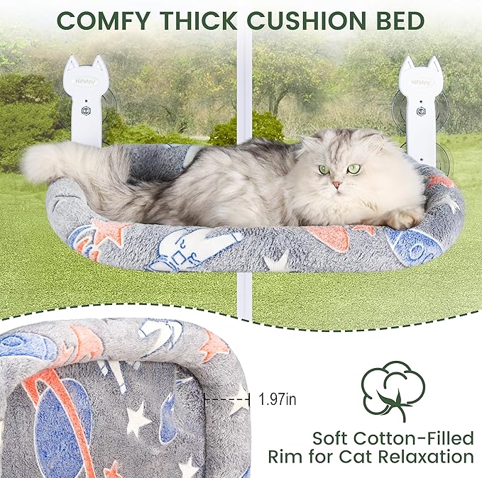 HiPetpy Cat Window Perch, Glow in The Dark Foldable Cat Hammock with Cozy Pad Bed, Breathable Cordless Window Seat with Stud Metal Frame for Large Cats and Kitten (Cushion Bed, 1 Pack - M)