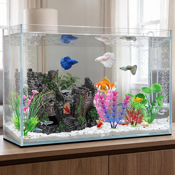 MyLifeUNIT 6 Pieces Fish Tank Decor & Plants for Betta Hide Play Rest | Medieval Ruin Castle, 5 Colorful Aquarium Plants, Resin & Soft Plastic, Weighted Bases, Fits 5-15 Gal Tanks