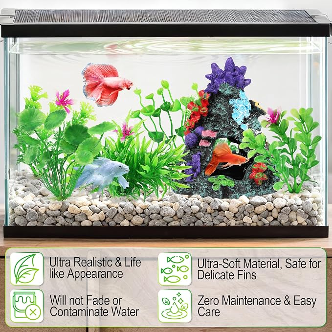 MyLifeUNIT Fish Tank Decorations, 7 Pieces Aquarium Plants Set with Coral Reef Decoration Mountain Cave Ornament for Betta, Goldfish, Shrimp to Breed, Play and Rest (Green)