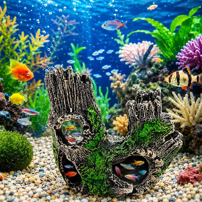 Natural Driftwood Cave Aquarium Decor, Tree Trunk Fish & Reptile Hideout | Lightweight Natural Resin Trunk Hideout, Low Maintenance for Small Fish & Reptiles, Suitable for Fresh & Saltwater