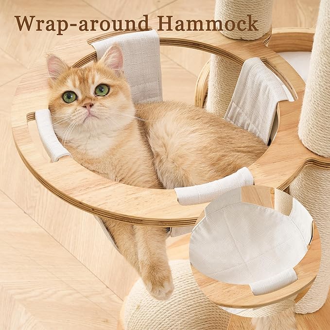 Modern Cat Tree Tower with Scratching Post for Indoor Cats Large Adult, 54 inch Tall Solid Wood Multifunctional Cat Tree Tower with Bed, Dangling Ball, Space Capsule, Scratcher Ball, Multiple Cats Use