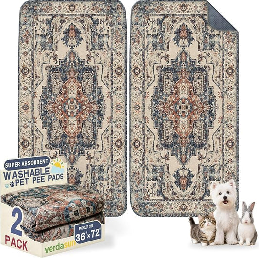 Washable Pee Pads for Dogs, Reusable Puppy Potty Training Pads, Ultra-Absorbent Thick Waterproof Leak-Proof Non-Slip Pads & Mat for Crate, Playpen, Floor, Whelping & Housebreaking , 2 Pack 36"x72"