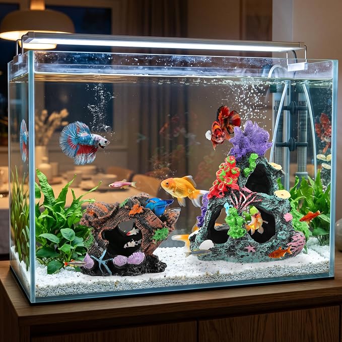MyLifeUNIT Fish Tank Decor, 2 Pack Artificial Aquarium Coral Reef Rock Decorations for Betta, Goldfish to Breed, Play, Hide and Rest (Coral Reef Mountain+Seashell Wooden Barrel)