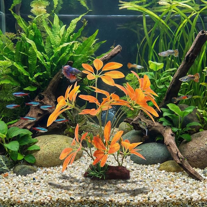 JGbaby Artificial Aquarium Plants,Fish Tank Decorations Betta Leaf Hammock Driftwood 10in Realistic Silk & Plastic Plants, Hideout Decor for Betta. Goldfish,Reptiles,Small Tanks (YellowType-B)