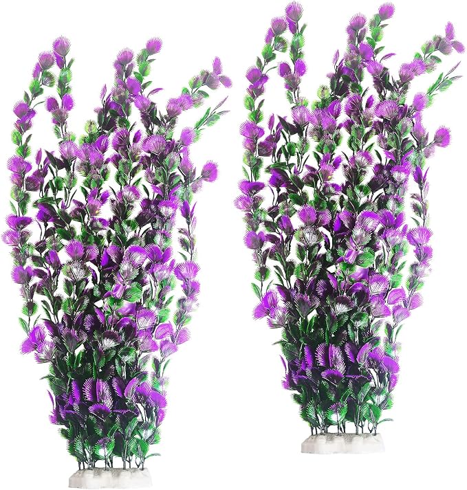 Hamiledyi Purple Green Serrated Leaf Tall Aquarium Plastic Plants Artificial Fish Tank Plant Aquarium Decor Extra Large Lifelike Aquatic Plant Suitable for Saltwater and Freshwater 27.5-inch Tall 2Pcs