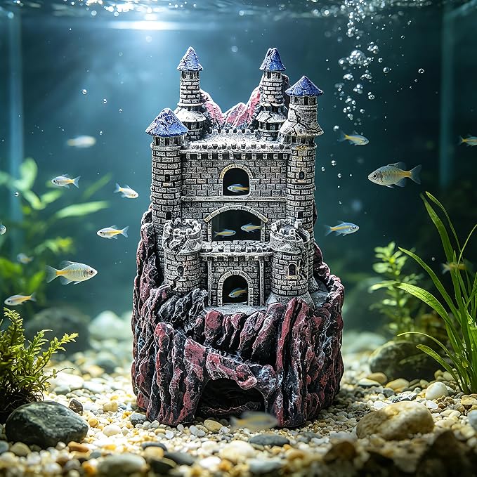 Teaeeno Age-of-Magic Wizard’s Castle Aquarium Décor-Resin for Freshwater and Saltwater Fish Tanks-Large House Ornament Kit -Gnome Fish Tank Decor Aquarium Decor-Charming Mermaid Decor Statue (Purple)