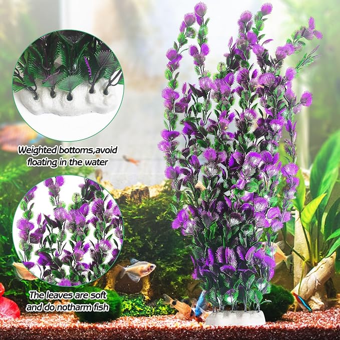 Hamiledyi Purple Green Serrated Leaf Tall Aquarium Plastic Plants Artificial Fish Tank Plant Aquarium Decor Extra Large Lifelike Aquatic Plant Suitable for Saltwater and Freshwater 27.5-inch Tall 2Pcs