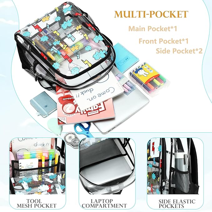 AO ALI VICTORY Clear Backpack for School,PVC Transparent Kids Bookbag for Girls Boys Cute Toddler Back Pack Kindergarten Elementary Schoolbag Stadium Approved See Through Backpacks,Black Lightning