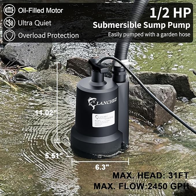 Lanchez Sump Pump, 1/2 HP 2450GPH Submersible Water Pump, Utility Pump Thermoplastic Portable Electric Transfer Pump for Hot Tub Swimming Pool Basement Garden Pond Tubs Draining with 10FT Cord