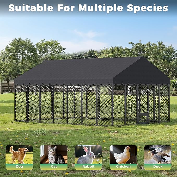 10x14×6.4 FT Heavy Duty Dog Kennel Outdoor with Secure Double Locks and Waterproof & UV Resistant Roof Cover,All Weather Resistant Anti-Rust Metal Enclosure for Large Dogs