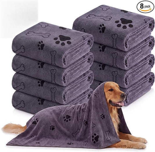Chumia 8 Pcs Dog Towels for Drying Dogs Cats Pet Towels Bulk Puppy Microfiber Fast Drying Paw Bath Bathing Supplies Absorbent for Medium Pets(55 x 28 Inch,Dog Paw and Bone,Gray)