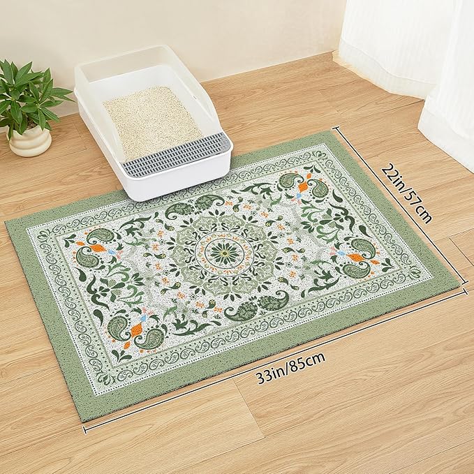 Unicorn Catcher Cat Litter Mat 33" x 22" Non-Slip Litter Box Mat Washable Litter Catcher Mat for Litter Box Indoor Food Mat Supplies Essentials, Green Mandala
