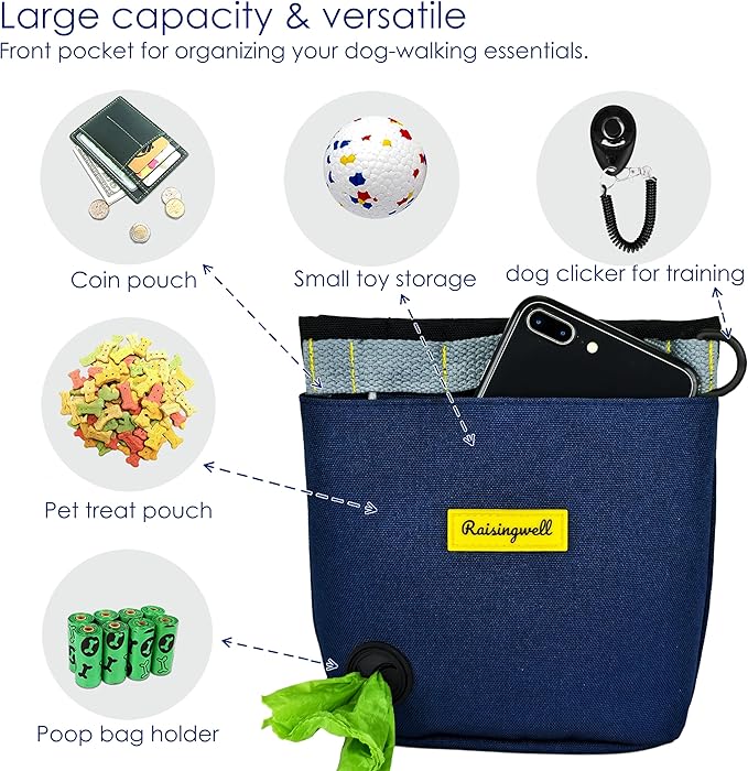 Raisingwell Dog Treat Pouch for Pet Walking and Training with Clicker 2 Cup Silicone Bag Small Fanny Pack Holder for Puppy Snack Dispenser Kit for Leash and Outdoor Use (Blue)