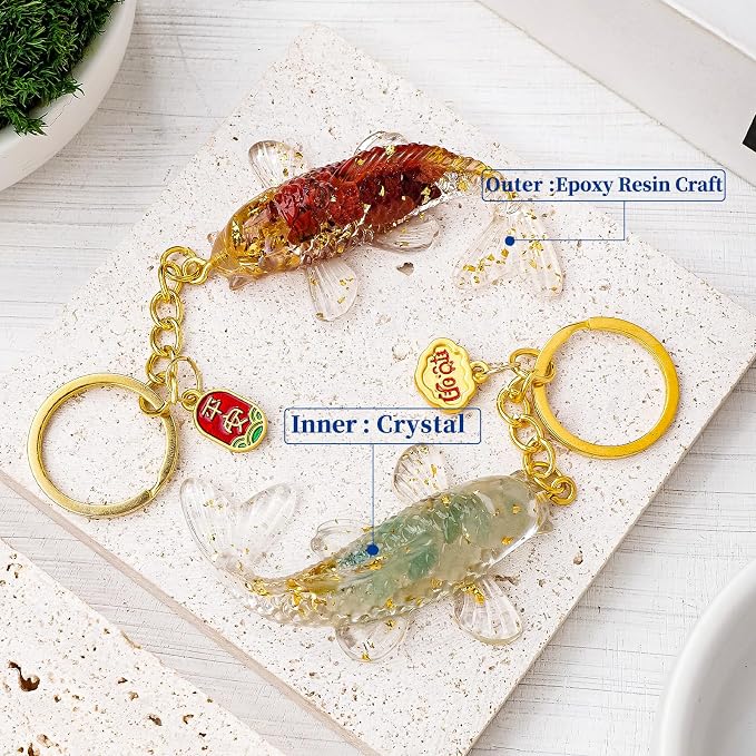 5 PCS Key Chain Natural Crystal Crushed Stone Resin Koi Fish Keychains Resin Handicrafts Car Bag Hangers Buckles Pendants Animal Gifts (5pcs-Fish, 1.37 ")