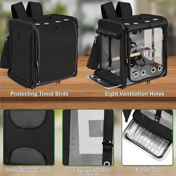 Bird Carrier with Seat Belt for Car Travel, Bird Backpack Carrier with Indestructible Stainless Steel Mesh, Large Bird Carrier Travel Cage, Black