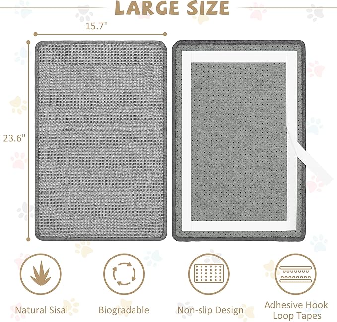 Graciadeco Gray Cat Scratching Mat Sisal, 2 Packs Sisal Fabric Large Cat Scratching Pad for Indoor Cats with Adhesive Hook Loop Tape, Wall Scratchers for Indoor Cats 23.6" x 15.7"