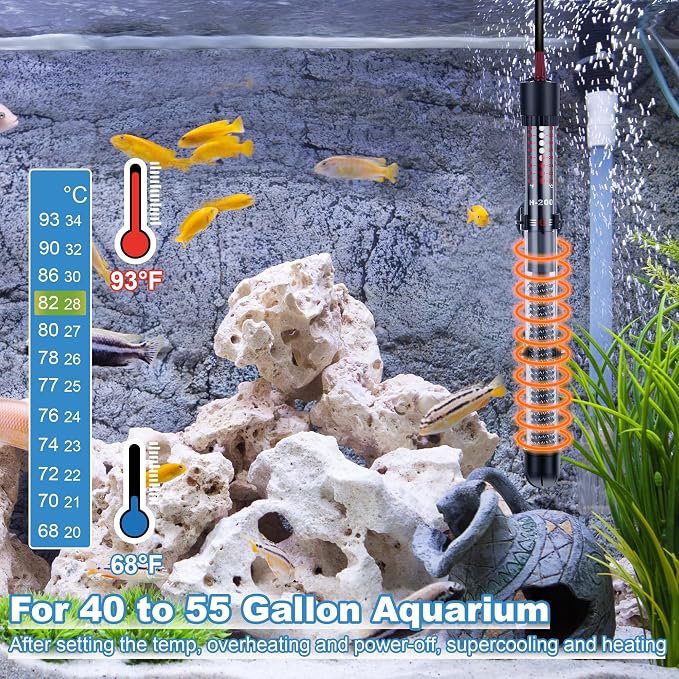 Dreyoo 2 Set 300W Submersible Aquarium Heater with 4 Thermometer Stickers | Adjustable Aquarium Fish Tank Heater with Suckers, Adjustable Knob Thermostat for Marine Saltwater and Freshwater