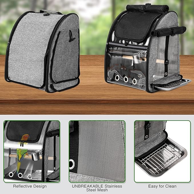 Bird Carrier Bag with Indestructible Stainless Steel Mesh, Bird Travel Cage with Stand, Easy to Clean Backpack for Parrot, Portable Bird Travel Bag, Grey