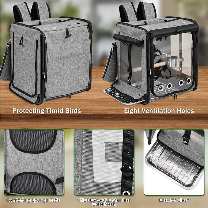 Bird Carrier with Seat Belt for Car Travel, Bird Backpack Carrier with Indestructible Stainless Steel Mesh, Large Bird Carrier Travel Cage, Grey