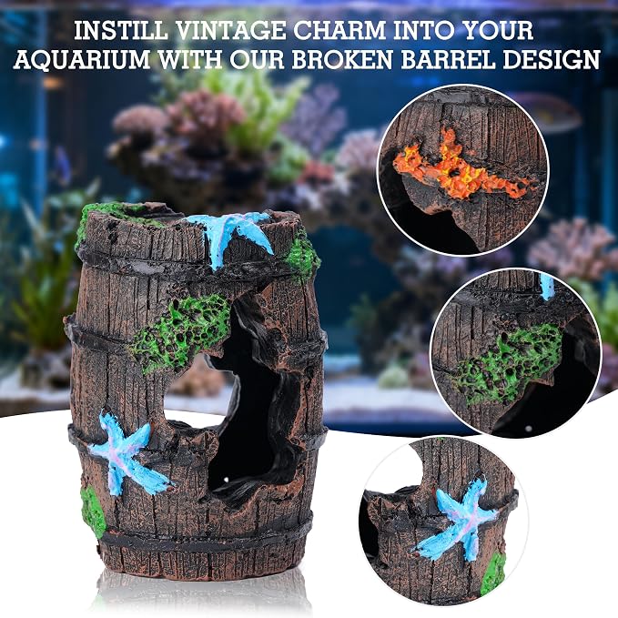 Ameliade 11 Aquarium Plants & Fish Tank Broken Barrel Cave Decorations Set | Broken Barrel Cave and Soft Artificial Plastic Plants Decor Accessories for Betta Goldfish Tank, Small Fish Bowl Ornaments