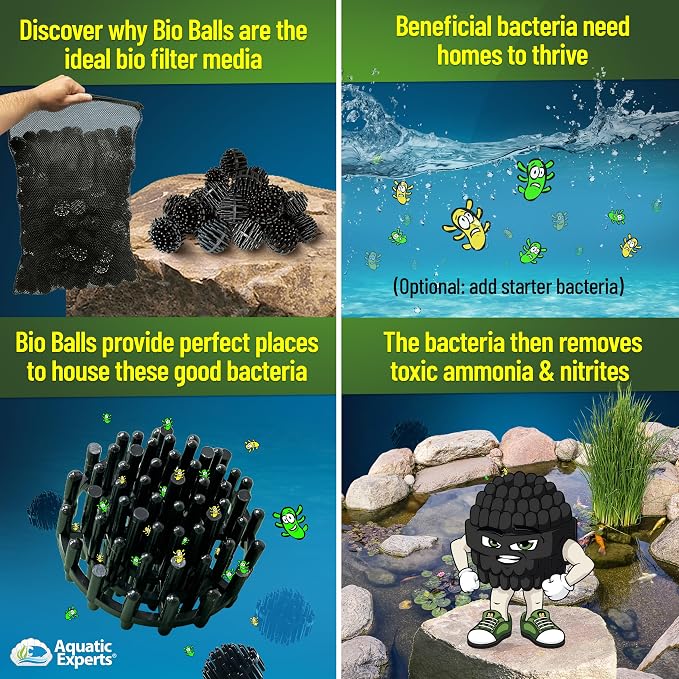 Aquatic Experts 1.5" Large Bio Balls for Ponds – Biological Filter Media for Waterfalls & Outdoor Pond Filters, Treats Up to 1,000 Gallons (300 Count + 14" x 20" Mesh Bag)