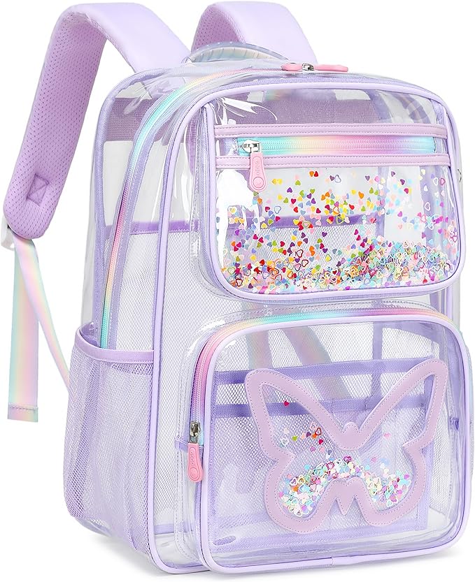 Clear Backpack for School,Large Bookbag Heavy Duty See Through Butterfly Backpacks for Girls Stadium Approved Daypack Transparent Shoulder Bags for Students,Teens,Women,Work,Travel,Concert Purple
