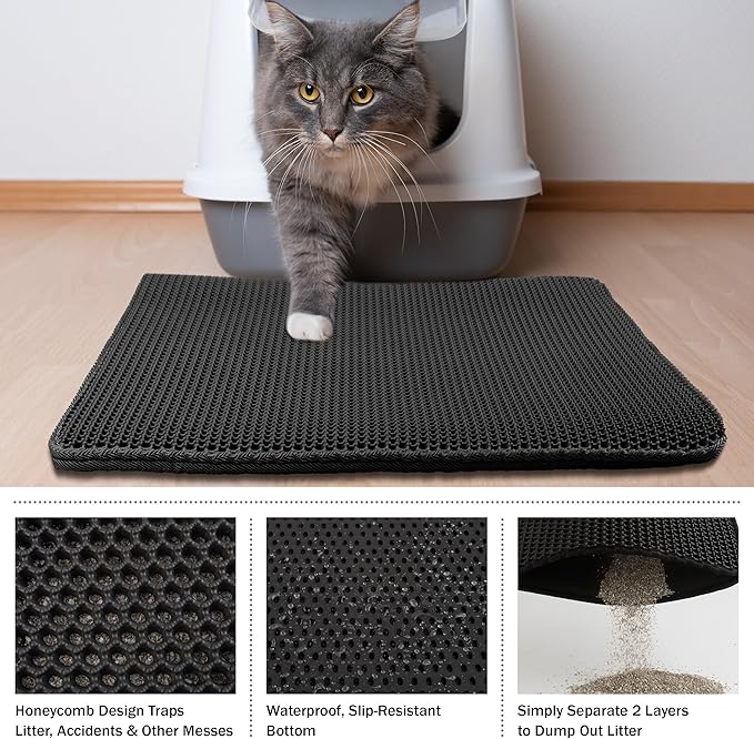 Cat Litter Mat - 30x24 Waterproof Litter Box Mat with Dual-Layer Honeycomb Design for Trapping Litter - Slip-Resistant Cat Mat by PETMAKER (Black)