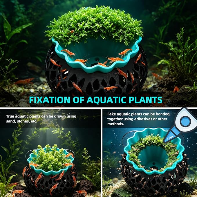 2-Pack Round Shrimp Cave, Plant Mountable Aquarium Hide | Sturdy PLA shrimp cave for moss & fern aquascapes; multi-position mount, aquarium safe for Neocaridina, Cherry & Dwarf Shrimp