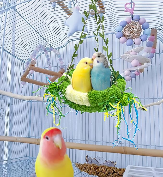 Bird Nest for Cage Bird Breeding Bed Cockatiel Snuggle Nest Parakeet Swing Bed Bird Hanging Hammock Parrot Sleeping Hut for Conure, Budgie, Lovebird, Finch, Small Pets-Green, Large Size
