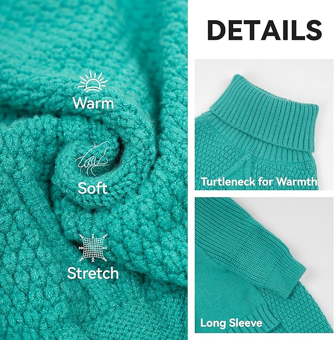 cyeollo Warm Turtleneck Large Dog Sweater, Stretchy & Cozy Knit Doggy Sweater with Sleeves Fall Winter Cold Weather Big Dog Clothes Like Doberman Labrador, Aqua Green XXXL